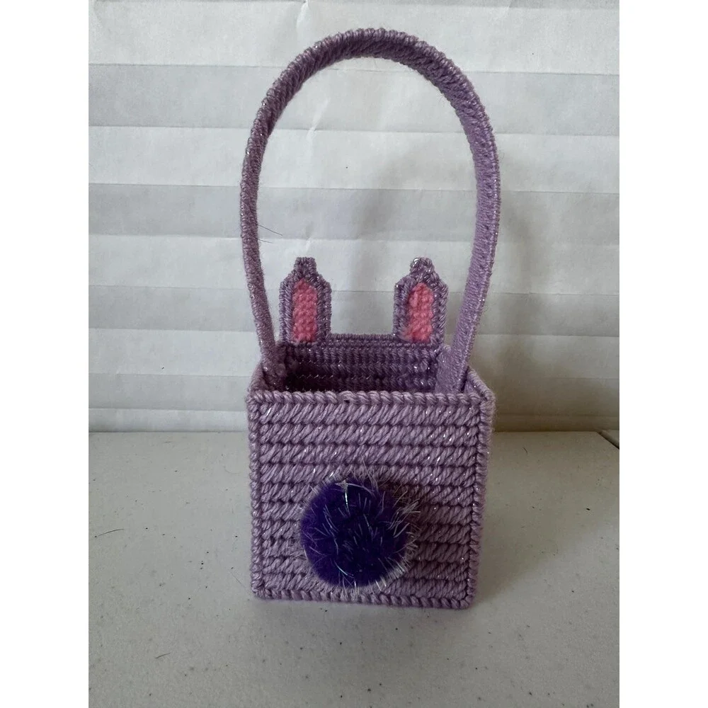 Mini Easter Basket Purple Sparkly Bunny – Colorful Plastic Canvas Handmade Gift